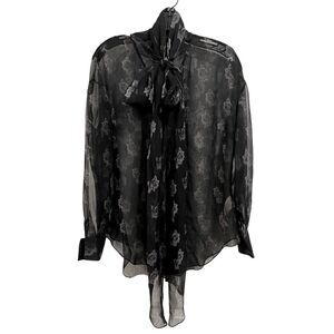 JOSH GOOT Sheer Black Roses Print Blouse with Necktie Bow, M, NEW